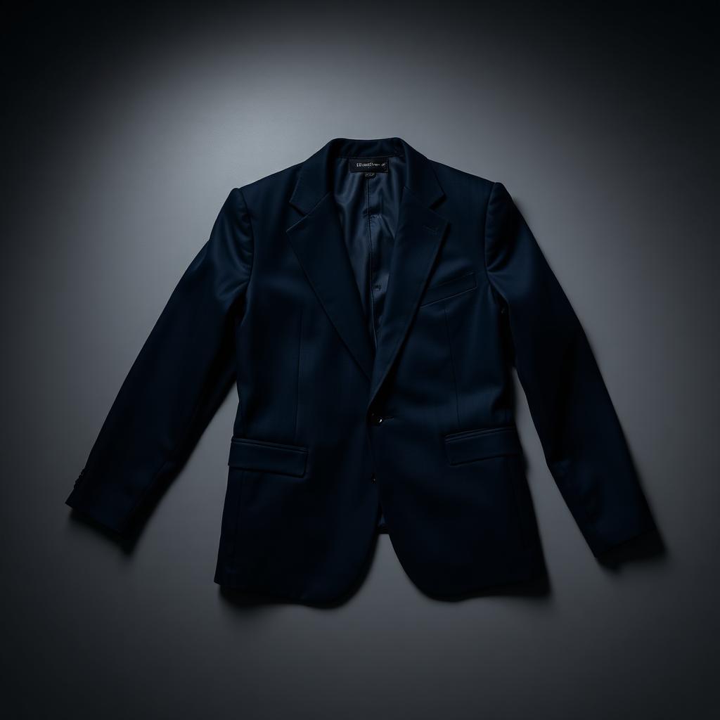 Navy blue formal blazer laid flat on a dark surface