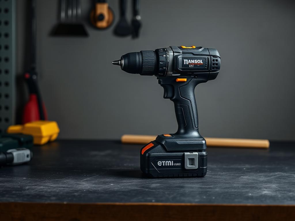 Cordless power drill on a dark workbench