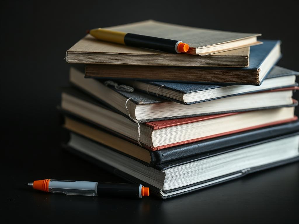 Stack of well-used textbooks with a highlighter